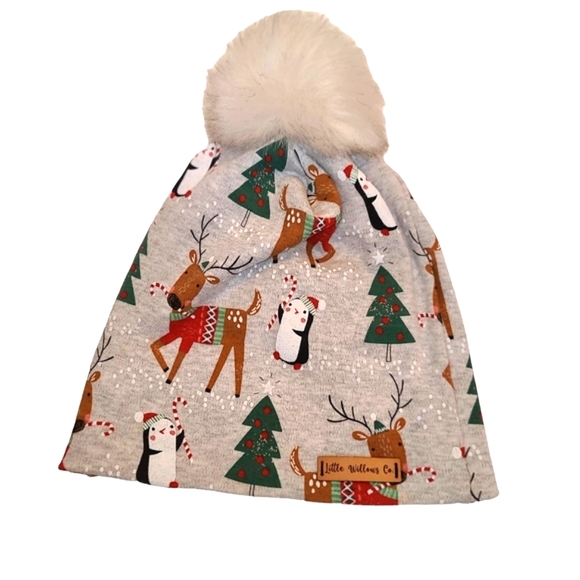 Slouchy Soft Pompom  Beanie Holiday print  kids 0/S - Picture 2 of 8